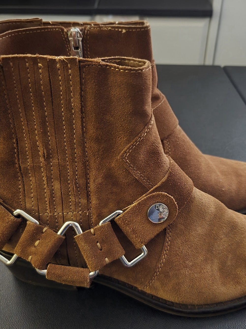 DKNY Chestnut Suede Ankle Booties with Silver-Tone Harness Detail